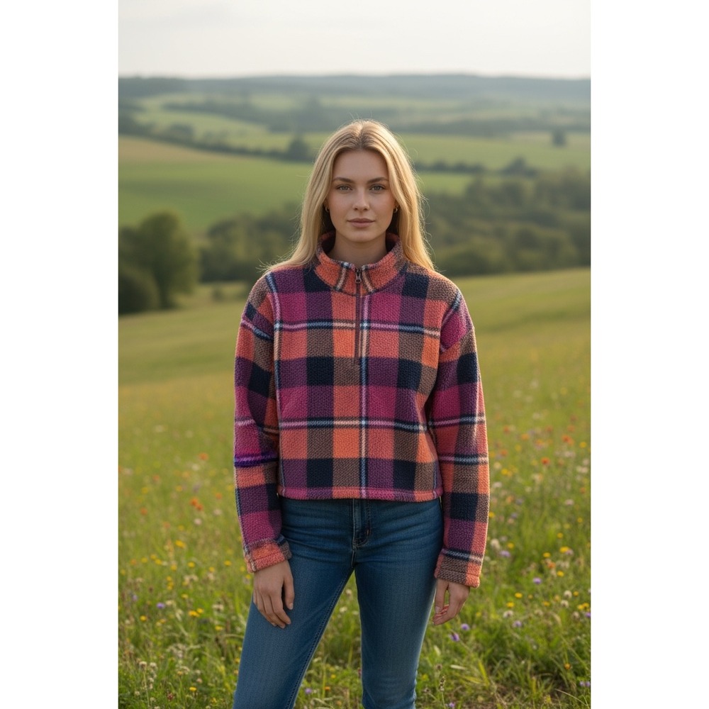 American Eagle Women's Plaid Fleece Quarter Zip Cropped Jacket Pink Orange Blue‎
